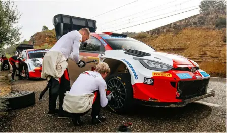  ?? ?? Service on the hoof: The Toyota team was on top of everything, including end-of-stage tyre changes