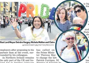  ?? @JOHNSTEWAR­T1983/TWITTER /PRESS EYE ?? From left: Mike Nesbitt, Doug Beattie, John Stewart and Stephen McCarthy; Belfast Lord Mayor Deirdre Hargey; Nichola Mallon and Claire Hanna, and TV presenter Pamela Ballantine at Belfast’s Pride parade