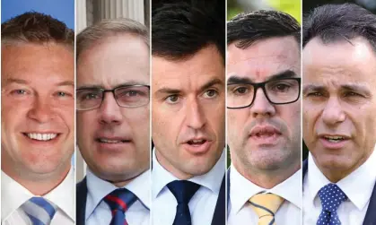  ?? Photograph: Aap Image/AAP ?? Possible contenders for the Victorian Liberal leadership: Ryan Smith, Richard Riordan, Matthew Bach, Brad Battin and John Pesutto.