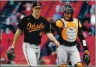  ?? MICHAEL DWYER — THE ASSOCIATED PRESS ?? The Orioles’ John Means, walking to the dugout with catcher Pedro Severino, gave up one hit in seven shutout innings against the Red Sox.