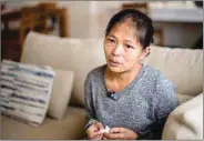  ??  ?? Filipina domestic worker Baby Jane Allas, a 38-year-old mother of five who was sacked after she was diagnosed with cervical cancer, cries during an interview in Hong Kong.