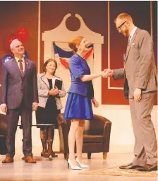  ??  ?? Bumbling office temp Louise (Adrienne Merrell) greets chief of staff Dave Riley (Mark Crawford) as political mastermind Arthur Vance (David Lereaney) and shrewd pollster Paige Caldwell (Kathryn Kerbes) look on.