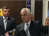  ?? MICHAEL GWIZDALA — MEDIANEWS GROUP FILE ?? Rensselaer County Clerk Frank Merola speaks at a news conference earlier this year opposing licenses for undocument­ed immigrants.