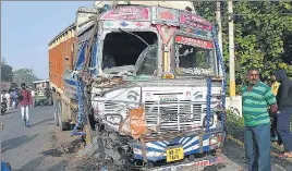  ?? PTI ?? A damaged truck following a road accident at Phulbari area in Nadia district.