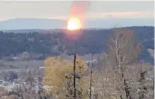  ??  ?? The fire sparked by the pipeline rupture burns northeast of Prince George on Oct. 9.