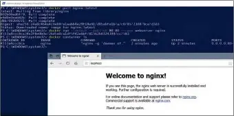  ?? Nginx ?? Und so kann der Einsatz eines Containers in der Praxis aussehen: Der Linux-Container mit dem freien Web-Server wurde vom Hub herunterge­laden und kann dann unter Windows eingesetzt werden.