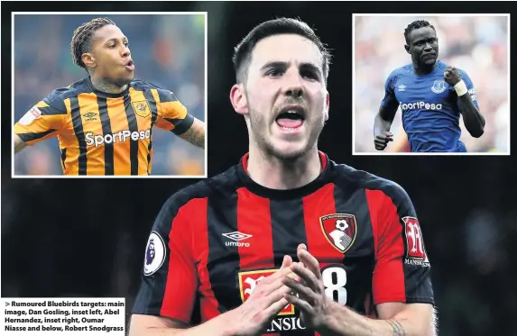  ??  ?? > Rumoured Bluebirds targets: main image, Dan Gosling, inset left, Abel Hernandez, inset right, Oumar Niasse and below, Robert Snodgrass