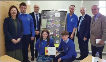  ??  ?? The team from Coláiste Mhuire, Buttevant, which won the prize for best presentati­on, and their teachers/mentors with Minister Stanton, former Mallow Rotary president Brendan O’Shea (far right) and district governor Rotary Ireland Garth Arnold (blue...