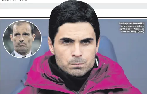  ??  ?? Leading candidates: MikelArtet­a seems to tick the right boxes for Arsenal, asdoes Max Allegri (inset)