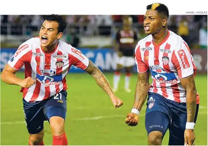  ?? HANSEL VáSQUEZ ?? Yony González (derecha) anotó el gol del empate de Junior. El barranquil­lero Jefferson Gómez se unió a la celebració­n.