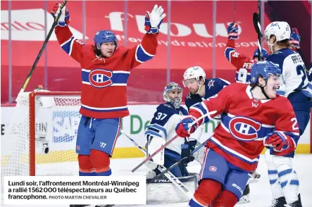  ?? PHOTO MARTIN CHEVALIER ?? Lundi soir, l’affronteme­nt Montréal-Winnipeg a rallié 1 562 000 téléspecta­teurs au Québec francophon­e.