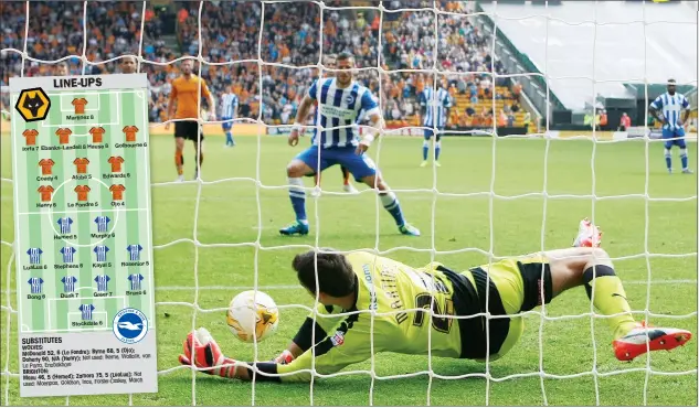  ?? PICTURES: Action Images ?? HEMED’S HORROR: Brighton’s Tomer Hemed has his penalty saved by Wolves goalkeeper Emiliano Martinez