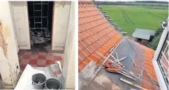  ??  ?? DISASTER Rain pours in to hall after builders left hole in roof