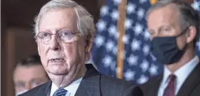  ?? SARAH SILBIGER/POOL VIA AP ?? Senate Leader Mitch McConnell conveyed through staff that he sees no path to a COVID-19 agreement.