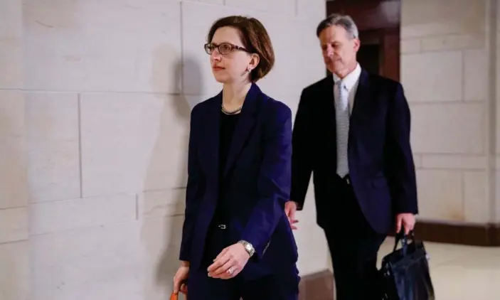  ?? Photograph: Shawn Thew/EPA ?? Laura Cooper arrives for deposition during the impeachmen­t inquiry at US Capitol on 30 October.