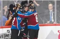  ?? Reuters ?? Colorado Avalanche’s Gabriel Landeskog (92) celebrates with team-mates after scoring the go-ahead goal against the Pittsburgh Penguins at the Pepsi Centre in Denver, Colorado, on Wednesday.