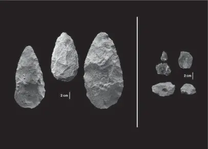  ?? The Associated Press ?? CAREFULLY CRAFTED: This image provided by the Smithsonia­n’s Human Origins Program shows artifacts found in southern Kenya’s Olorgesail­ie Basin. For hundreds of the thousands of years, people living there made and used large stone-cutting tools called...