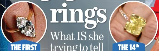  ??  ?? THE FIRST This 3ct marquise-cut diamond ring was created by Boodle &amp; Dunthorne and was worth £65,000 in 1998. It has since been reshaped (see 3). Victoria displayed the latest addition to her ring collection at last week’s Paris Fashion Week: an emerald-cut yellow diamond worth £120,000. THE 14th