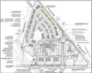  ?? SUBMITTED PHOTO ?? This sketch plan shows the layout for the proposed Limerick Town Center project, with the senior housing units at the center and right, the three commercial buildings along Ridge Pike and the 160 townhomes to the north, along Swamp Pike.