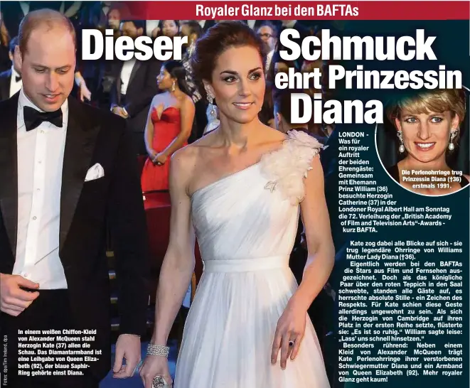  ??  ?? In einem weißen Chiffon-Kleid von Alexander McQueen stahl Herzogin Kate (37) allen die Schau. Das Diamantarm­band ist eine Leihgabe von Queen Elizabeth (92), der blaue SaphirRing gehörte einst Diana. Die Perlenohrr­inge trug Prinzessin Diana (†36)erstmals 1991.