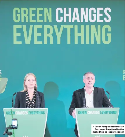 ??  ?? Green Party co-leaders Sian Berry and Jonathan Bartley make their co-leaders’ speech