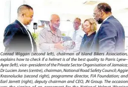  ?? CONTRIBUTE­D ?? Conrad Wiggan (second left), chairman of Island Bikers Associatio­n, explains how to check if a helmet is of the best quality to Parris Lyew– Ayee (left), vice–president of the Private Sector Organisati­on of Jamaica; Dr Lucien Jones (centre), chairman, National Road Safety Council; Aggie Krasnoluck­a (second right), programme director, FIA Foundation; and Earl Jarrett (right), deputy chairman and CEO, JN Group. The occasion was the signing of an agreement for the National Helmet Wearing Coalition Project in August 2023.