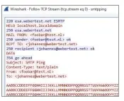  ??  ?? SMTP in Wireshark: de meldingen van de smtpping-tools worden in rood weergegeve­n, de antwoorden van de SMTP-server in blauw. Het testprogra­mma heeft een e-mail met als onderwerp 'SMTP Ping' aangeboden.