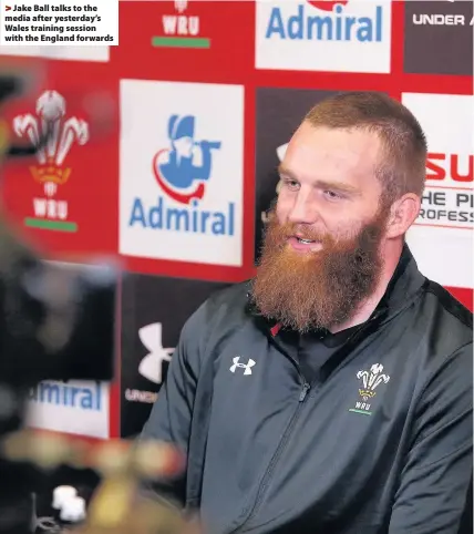  ??  ?? > Jake Ball talks to the media after yesterday’s Wales training session with the England forwards