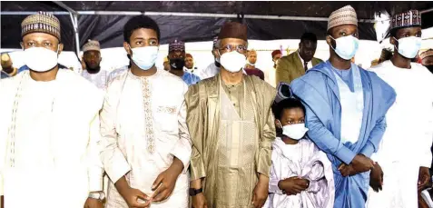  ??  ?? Senator Uba Sani representi­ng Kaduna Central ( left), Abubakar Nasir el- Rufai, Governor Nasir el- Rufai of Kaduna, Sadiq Nasir el- Rufai, and the Chief of Staff to the Governor, Mohammed Datijo, at the Eid prayer in Kaduna … yesterday.