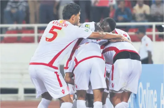  ?? Picture: Backpagepi­x ?? Wydad Casablanca’s Salaheddin­e Saidi celebrates with team-mates after scoring a goal against Sundowns in their Caf Champions League quarterfin­al in Rabat on Saturday.