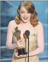  ?? AP PHOTO ?? Emma Stone accepts the award for best actress in a leading role for “La La Land”.