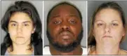  ??  ?? Danielle M. Alfieri, Briante Kelvon Wood and Jennifer Renea Wright (from left) were arrested in the town of Poughkeeps­ie case.