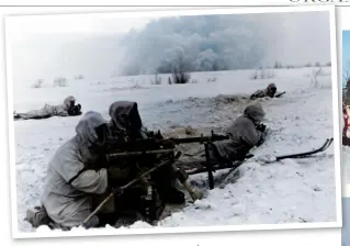  ?? ?? Above: A heavy MG34 mounted on the Lafette 34 sustained-fire mount. The Nord squad are donned in their winter whites
