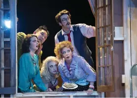  ??  ?? The cast members of the Arts Club’s Noises Off get everything right, nailing the clockwork timing of the play’s farce and seizing the absurdity. Photo by David Cooper