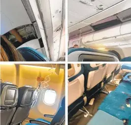  ?? JAZMIN BITANGA VIA AP ?? This photo combinatio­n of mobile images, courtesy of passenger Jazmin Bitanga, shows the interior of a Hawaiian Airlines plane flying from Phoenix to Honolulu after severe turbulence rocked the flight without warning on Sunday.