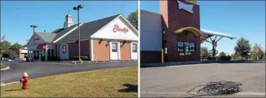  ?? BRIAN HUBERT — DAILY FREEMAN ?? An empty parking lot Thursday at Friendly’s on Ulster Avenue is evidence of the restaurant’s closing. At right, a coiled wire sits on the pavement outside the former Sonic drive-in restaurant on Miron Lane.