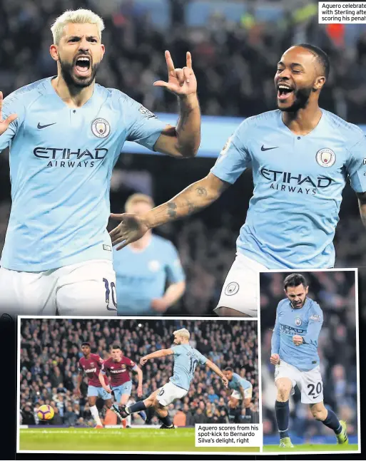  ??  ?? Aguero scores from his spot-kick to Bernardo Silva’s delight, right