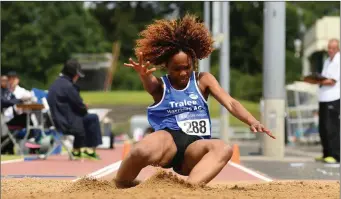  ??  ?? Solange Diogo of Tralee Harriers AC, competing in the Women’s Triple Jump during the Irish Life Health National Senior Track & Field Championsh­ips Day 1 at Morton Stadium in Santry,