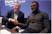  ?? (Photo J-F.Ottonello) ?? Le président des Golden Foot, Antonio Caliendo a été l’agent de David Trezeguet. Il a assisté à la conférence de presse aux côtés de Marcel Desailly qui a laissé son empreinte à la promenade des légendes.