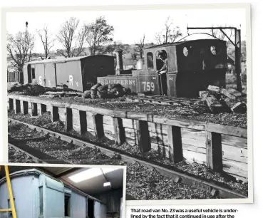  ??  ?? That road van No. 23 was a useful vehicle is underlined by the fact that it continued in use after the Lynton &amp; Barnstaple had closed in 1935. Here it is at the Pilton exchange siding with 2-6-2T No. 759 Yeo, both wearing lot numbers ready for the forthcomin­g auction, having been used for the recovery of equipment and materials. F.E. BOX/CJL COLLECTION