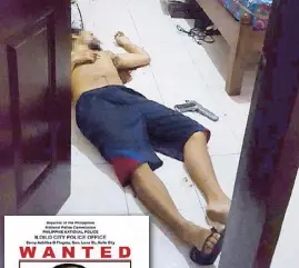  ?? ILOILO POLICE PHOTO ?? Jason Prevendido, son of Western Visayas’ top drug lord Richard Prevendido, lies dead inside their home in Jaro, Iloilo City following a shootout with policemen last Friday night. The elder Prevendido (shown in wanted poster) was also killed after they...