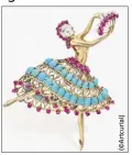  ??  ?? Van Cleef & Arpels - Clip de corsage « Ballerine » - En or k - diamants, rubis, turquoises - Vers  - Estimation :   -   €