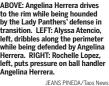  ?? JEANS PINEDA/Taos News ?? ABOVE: Angelina Herrera drives to the rim while being hounded by the Lady Panthers’ defense in transition. LEFT: Alyssa Atencio, left, dribbles along the perimeter while being defended by Angelina Herrera. RIGHT: Rochelle Lopez, left, puts pressure on ball handler Angelina Herrera.