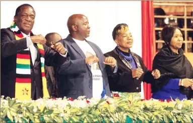  ??  ?? President Mnangagwa, ZANU-PF national chairwoman Cde Oppah Muchinguri-Kashiri (far right), Zimbabwe Liberation War Collaborat­ors (ZILWACO) chairman Cde Pupurai Togarepi (second from left) and his deputy Cde Josphine Gandiya dance to Jah Prayzah’s song...
