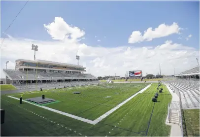  ?? Melissa Phillip / Houston Chronicle ?? Legacy Stadium, which joins Rhodes Stadium as the host venues of Katy ISD’s schools, was gleaming ahead of its dedication ceremony Thursday. Katy Taylor will host Foster in the stadium’s first game Aug. 31.