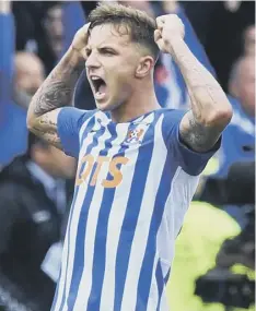  ??  ?? 2 Eamonn Brophy thumps the ball home from the spot to make it 2-1 to Kilmarnock and, above, celebrates his winning strike. Right, Steve Clarke applauds the home fans after his team secured a European place for next season.