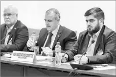  ??  ?? Syrian opposition body (HCN) delegation (left to right) member George Sabra, delegation head Asaad al-Zoabi and Chief negotiator, Army of Islam rebel group’s Mohammed Alloush attend a meeting on Syria peace talks with UN Syria envoy at the United...