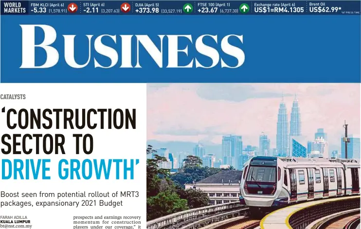  ??  ?? Gamuda Bhd is likely to be a big beneficiar­y from the revival of the Mass Rapid Transit 3 (MRT3) project given its experience in both the MRT1 and MRT2 projects, says MIDF Research