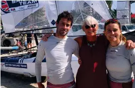  ?? ?? Anna Burnet with her Nacra 17 partner John Gimson and her mum Louise after the British pair secured silver at the Princess Sofia Trophy regatta in Palma, Mallorca. Image: Louise Burnet on Facebook