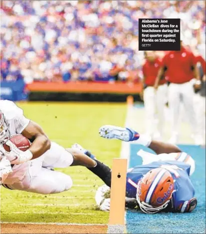  ?? GETTY ?? Alabama’s Jase McClellan dives for a touchdown during the first quarter against Florida on Saturday.